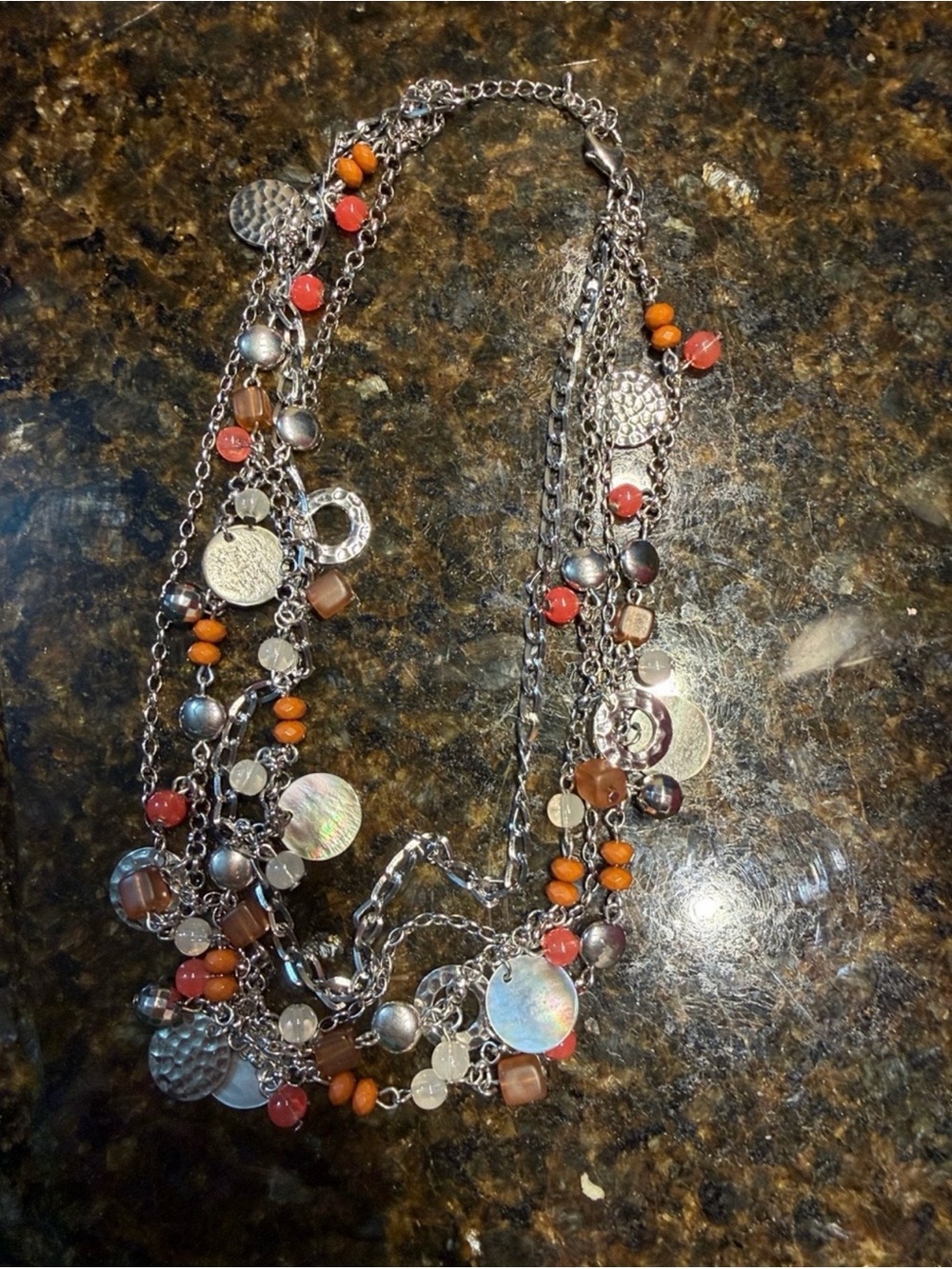 Multi-Strand Silver Tone Necklace with Coral and Orange Beads